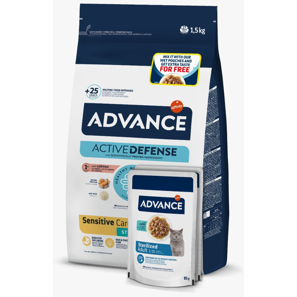 Promo ADVANCE Cat Sensitive Sterilized cu Somon 1.5 kg – Hrană Uscată pentru Pisici Sterilizate, Digestie Optimă + 2 Plicuri Hrană Umedă Sterilized 85 g Gratis