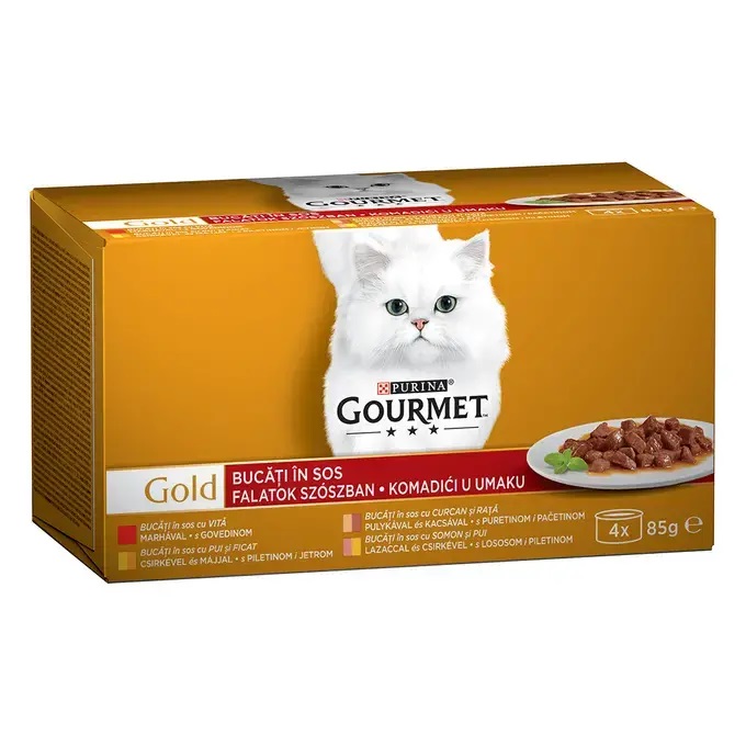 PURINA Gourmet Gold Cubulete Carne in Sos, cu Vita |Rata si Curcan |Somon si Pui | Pui si Ficat, Multipack Conserve Hrana Umeda Pentru Pisici Adulte, 4x85g