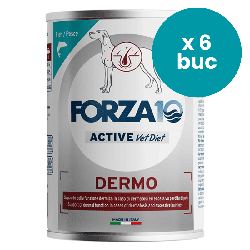 FORZA10 Active Vet Diet Dermo, Dietă Umedă, Monoproteică cu Peste pentru Câini Alergici sau cu Afectiuni Dermatologice, Multipack 6x390 g