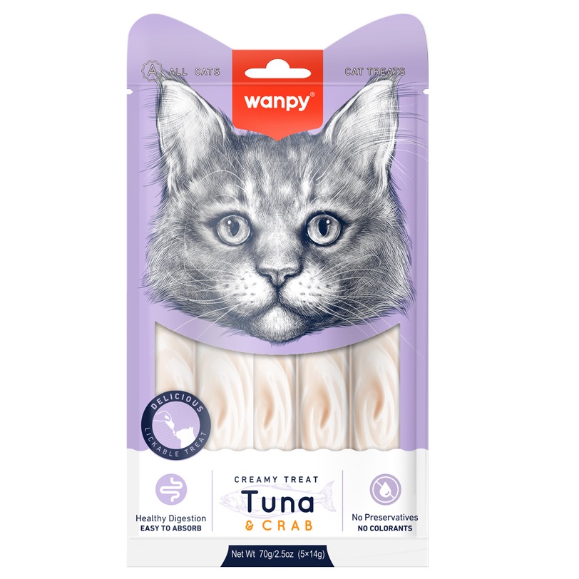 WANPY Creamy Lickable Cat Treats cu Ton si Crab, plicuri 5x14 g – Recompensa Cremoasa Superpremium pentru Pisici, Naturala si Usor Digerabila