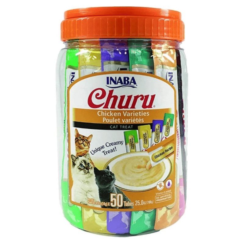 INABA Ciao Churu Creamy Chicken Variety Box 50x14 g | Recompense Cremoase fara Cereale pentru Pisici | cu Pui, Branza, Scoici, Creveti si Crab | Sanatoase, Hidratante si cu Calorii Putine