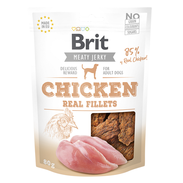 BRIT Jerky Chicken Fillets 80 g – Recompense Naturale Fara Cereale pentru Caini, cu File de Pui, Bogate in Proteine