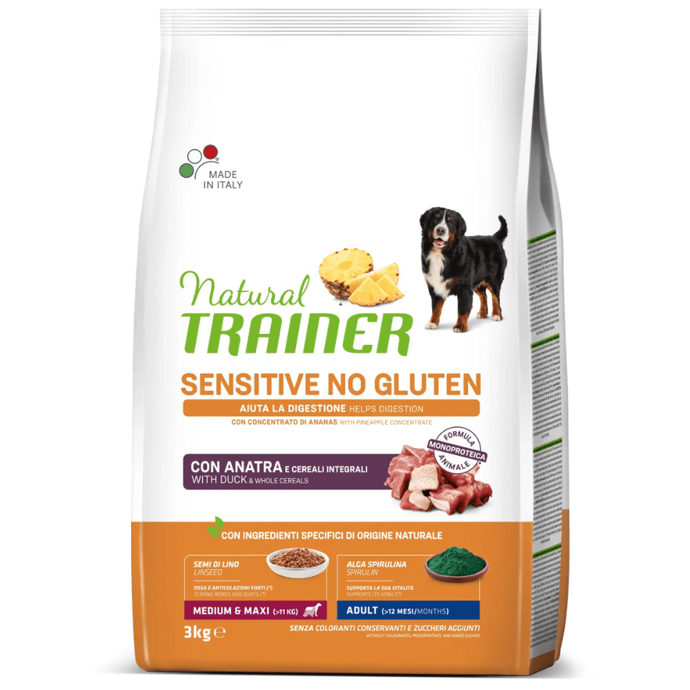 NATURAL TRAINER Dog Medium & Maxi Adult Sensitive No Gluten, cu Rata, Hrană Uscată Monoproteică pentru Câini de Talie Medie / Mare, 3kg