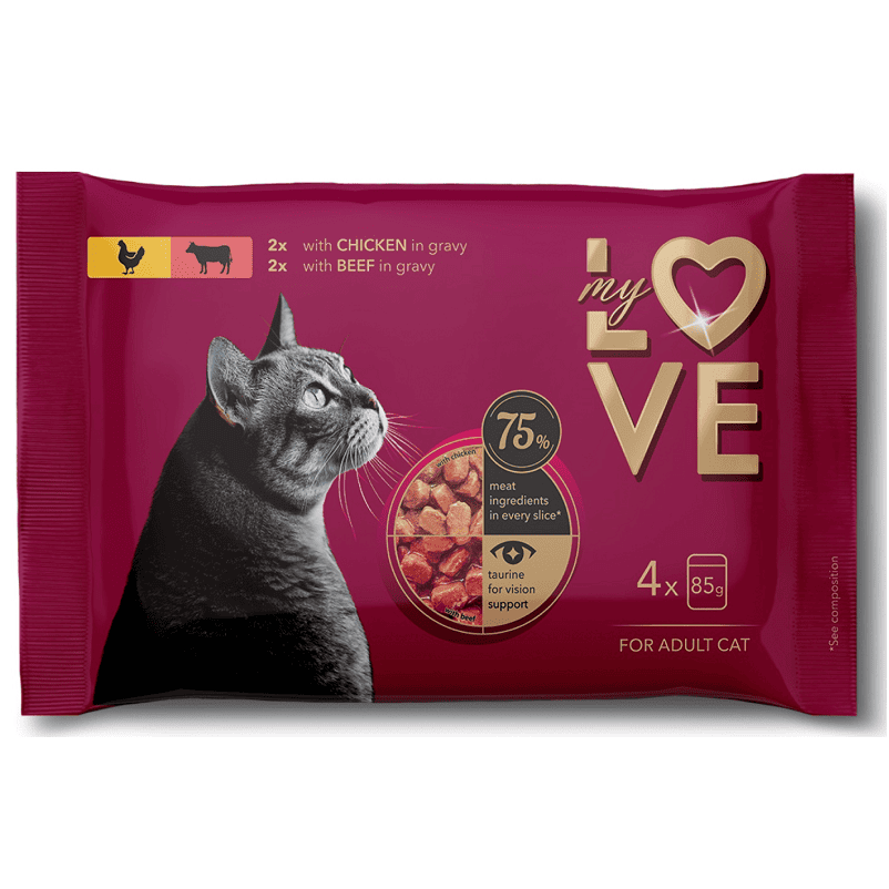 MY LOVE CAT Set Hrană Umedă pentru Pisici Adulte cu Pui si Vita, 4x85 g | Bucătele în Sos