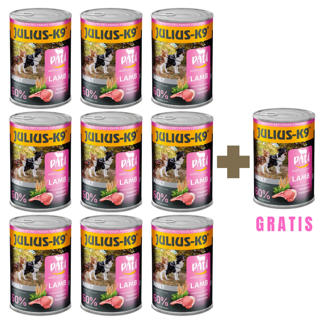 JULIUS K9 DOG, Set 9+1 GRATIS Conserve Hrana Umeda Pentru Caini, Pate cu Miel, 400g