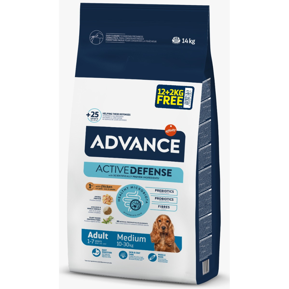 12 kg + 2 kg Gratis ADVANCE Dog Adult Medium cu Pui – Hrană Uscată pentru Câini Adulți de Talie Medie