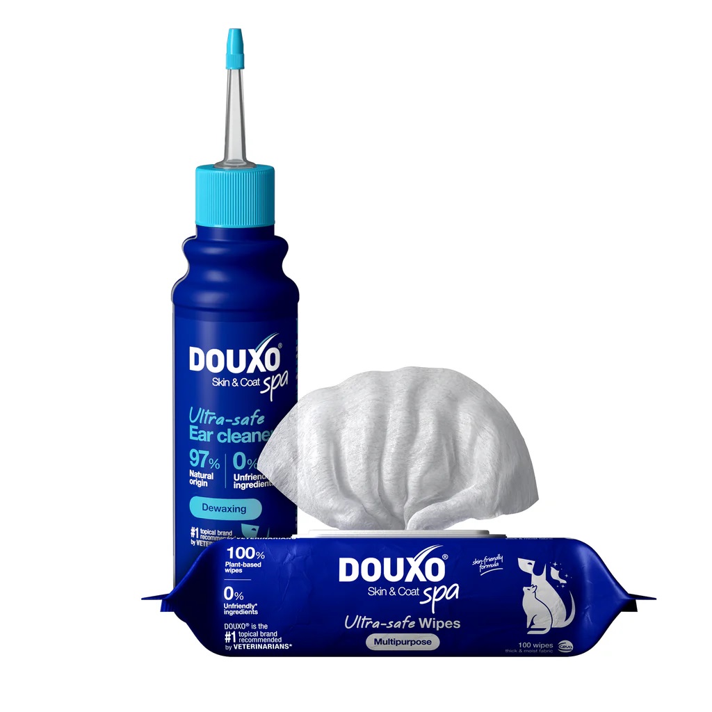 DOUXO SPA Ear Cleaner & Wipes Pack | Rutina pentru Igiena Regulata a Urechilor si Blanii la Caini si Pisici | Curatare Delicata fara Apa