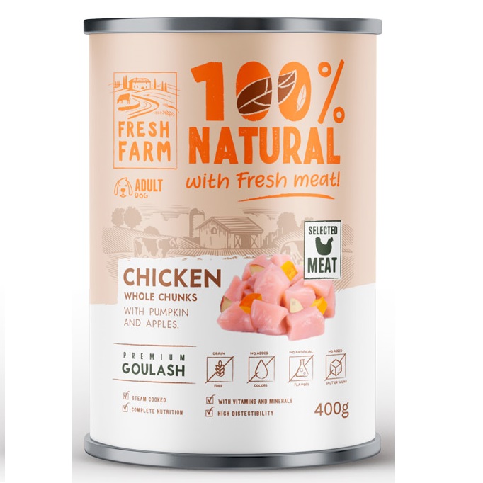 FRESH FARM Goulash cu Piept de Pui  (80%), Dovleac si Mere, 400 g - Hrana Umeda Fara Cereale pentru Caini, Reteta Gatita la Aburi