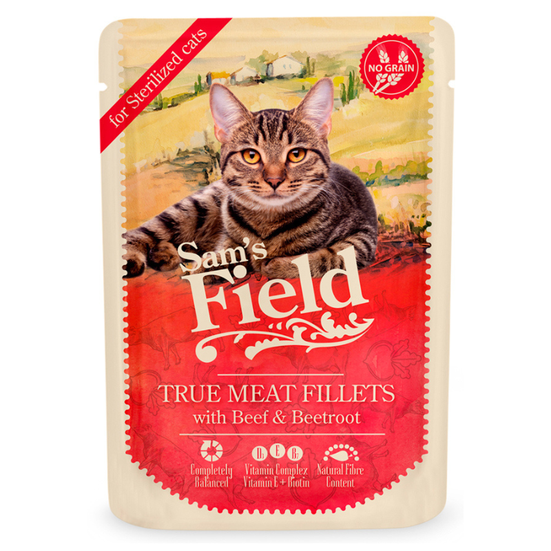 SAM'S FIELD Cat Pouch Sterilized Cats Beef & Beetroot 85 g | Hrana Umeda Superpremium pentru Pisici Sterilizate | Fileuri de Vita si Sfecla Rosie | Controlul Greutatii si Sanatatea Tractului Urinar