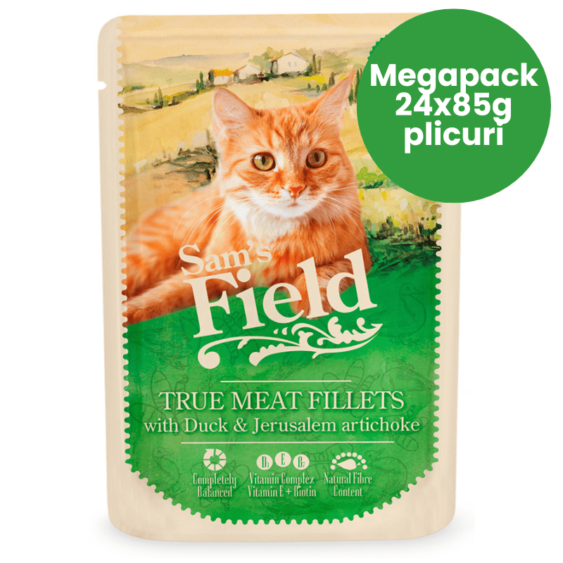 SAM'S FIELD Cat Pouch Duck & Jerusalem Artichoke Megapack 24x85 g | Hrana Umeda Superpremium pentru Pisici Adulte | Fileuri de Rata si Anghinare de Ierusalim | Reteta Naturala pentru Digestie Sanatoasa si Vitalitate