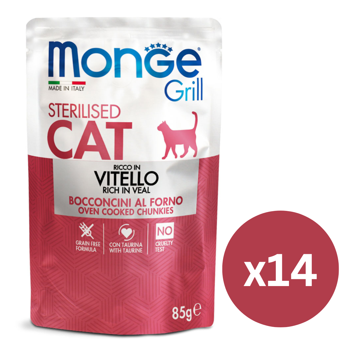 MONGE Grill Sterilized Cat, cu Vitel, Set Plicuri Hrana Umeda Fara Cereale Pentru Pisici Sterilizate (bucatele carne in aspic), 14x85g