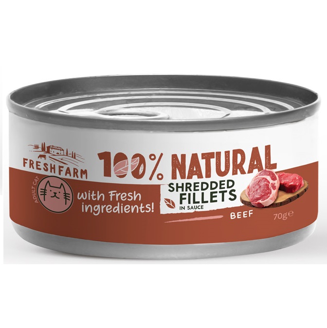 FRESH FARM Shredded Fillets, Vita si Pui in Sos, 70 g – Hrana Umeda Fara Cereale pentru Pisici, Fileuri Maruntite in Sos