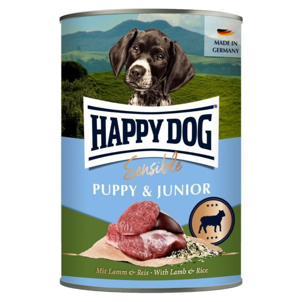 HAPPY DOG Sensible Puppy & Junior, cu Miel si Orez – Conserva Hrană Umedă fără Gluten pentru Căței și Câini Tineri, de la 8 Săptămâni, 200 g