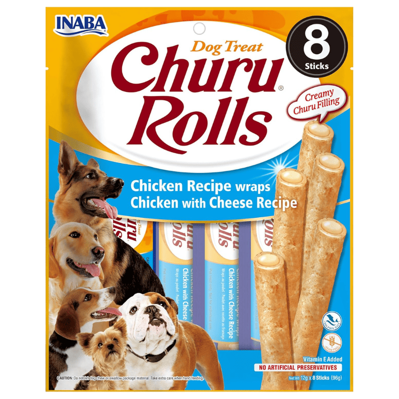 CHURU Rolls Chicken with Cheese Recipe 8x12 g | Recompense pentru Caini cu Pui si Branza | Textura Moale si Umplutura Cremoasa