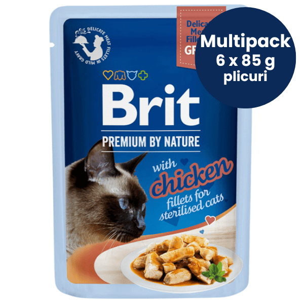 BRIT PREMIUM DELICATE Sterilised Cat cu Pui Multipack 6x85 g | Plicuri Hrana Umeda Pisici Sterilizate (file carne in sos)