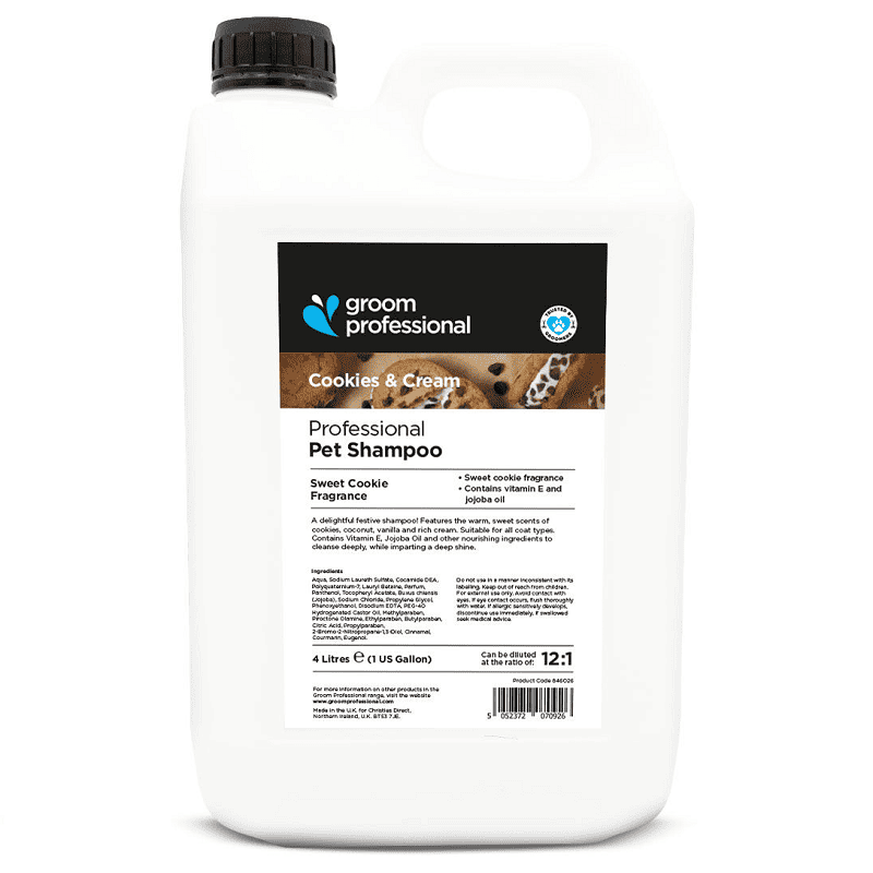 GROOM PROFESSIONAL Cookies & Cream Shampoo 4 L | Sampon Profesional Concentrat (dilutie 12:1) cu Pantenol, Vitamina E si Ulei de Jojoba pentru Caini | Curatare Delicata, Hidratare si Stralucire