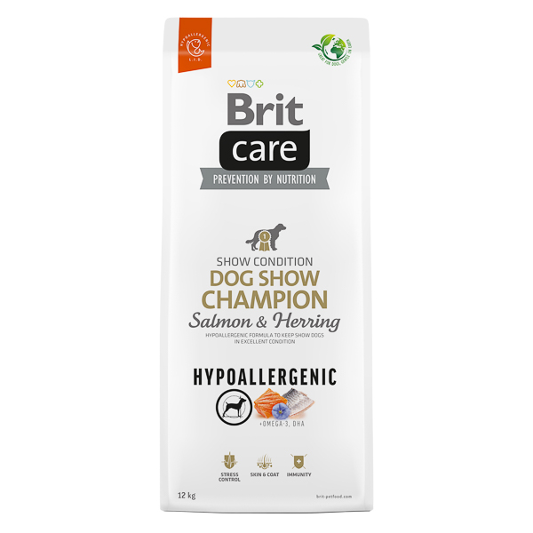 BRIT CARE Hypoallergenic Dog Show Champion, cu Somon si Hering, Hrană uscata Hipoalergenica, Monoproteică pentru Câini de Expoziție, 12kg