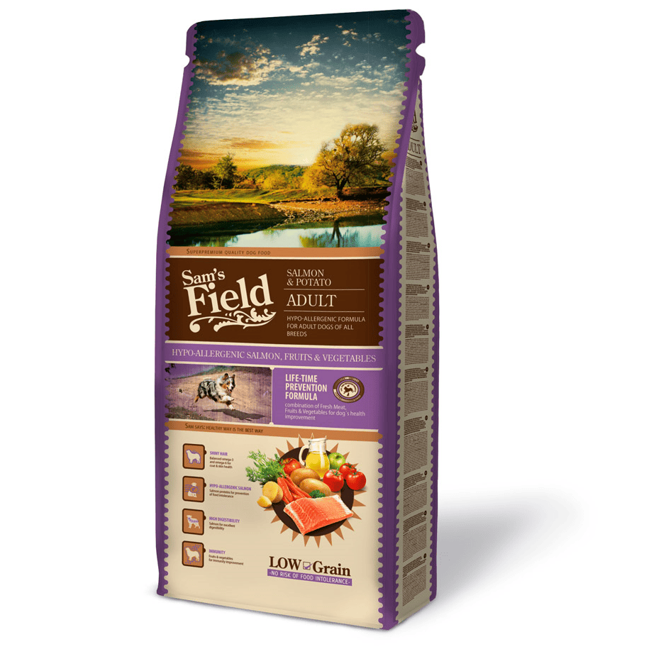 SAM'S FIELD Adult Salmon & Potato 13 kg | Hrana Uscata Super-Premium pentru Caini Adulti | Formula Hipoalergenica cu Somon, Cartofi, Fructe si Legume | Piele Sanatoasa si Blana Stralucitoare