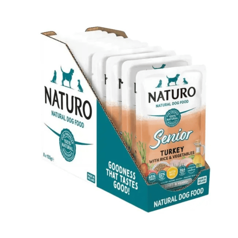 NATURO Senior Dog cu Curcan, Orez si Legume Multipack 8x150 g | Hrana Umeda Completa 100% Naturala pentru Caini Seniori