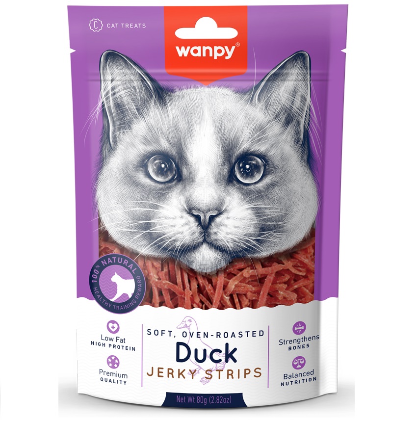 WANPY Soft Jerky Strips cu Rată, 80 g – Recompensă Naturală Moale, Bogată în Proteine, pentru Pisici, Răsfăt Zilnic și Controlul Greutătii
