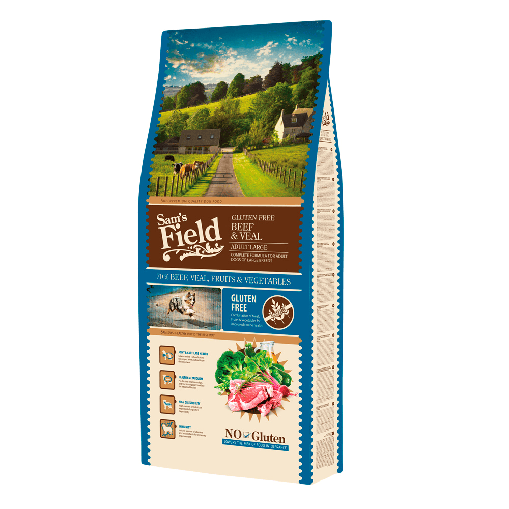 SAM'S FIELD Adult Large Beef & Veal 13 kg | Hrana Uscata Super-Premium pentru Caini Adulti de Talie Mare | Formula Fara Gluten cu Vita si Vitel | Suport Articular, Digestie Eficienta si Imunitate Puternica