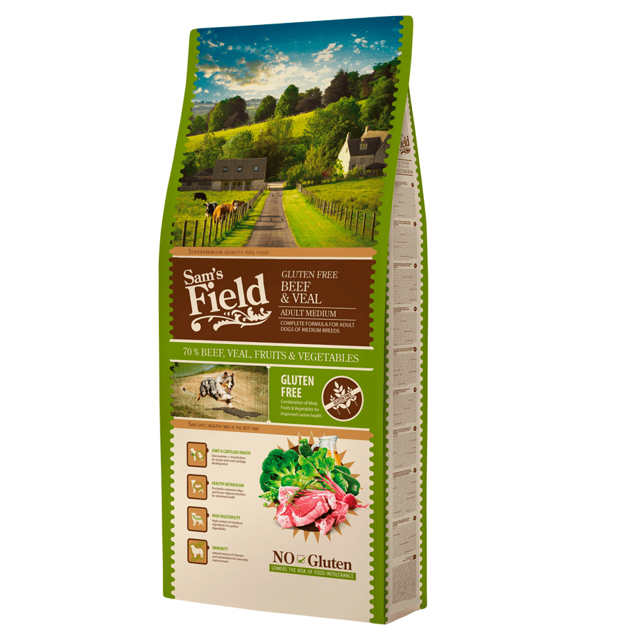 SAM'S FIELD Adult Medium Beef & Veal 13 kg | Hrana Uscata Super-Premium pentru Caini Adulti de Talie Medie | Formula Fara Gluten cu Vita si Vitel | Suport Articular, Digestie Optima si Imunitate Puternica