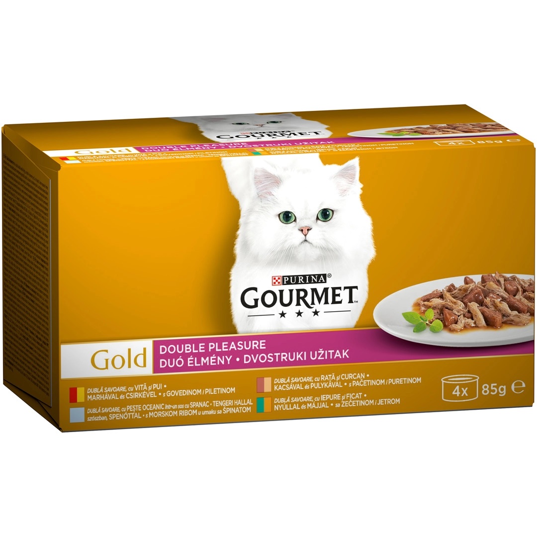 PURINA Gourmet Gold Dubla Savoare, cu Vita si Pui | Rata si Curcan | Peste si Spanac | Iepure si Ficat, Multipack Conserve Hrana Umeda Pentru Pisici Adulte, 4x85g