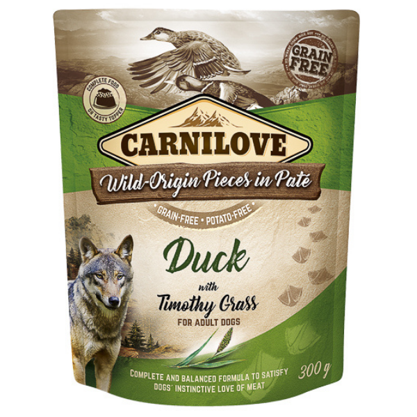 CARNILOVE Dog Pouch Pate Rață cu Timoftica 300 g – Hrană Umedă Fără Cereale pentru Câini, Proteine de Calitate și Digestie Sănătoasă