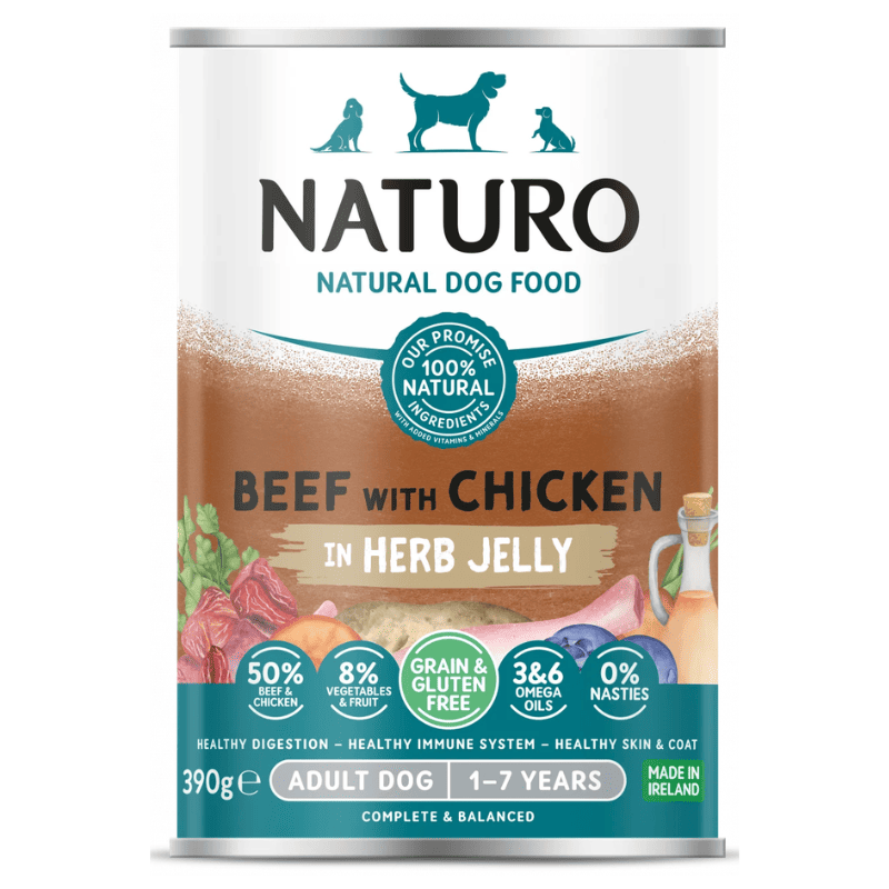 NATURO Adult Dog Grain & Gluten Free cu Vita si Pui in Aspic cu Ierburi 390 g | Hrana Umeda Completa fara Cereale 100% Naturala pentru Caini Adulti