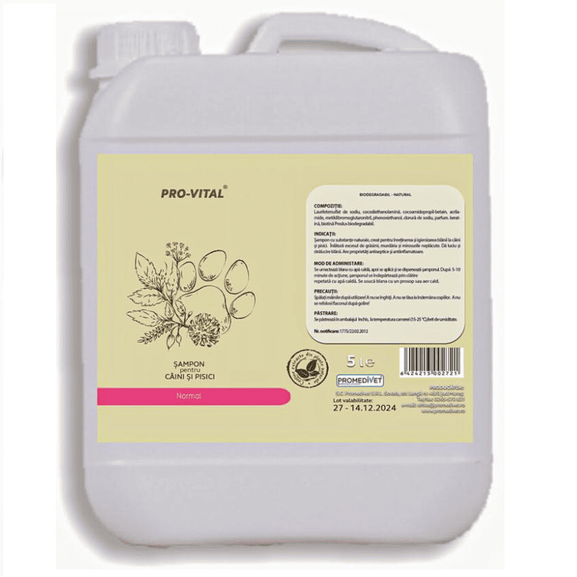 PROMEDIVET Pro Vital Normal Șampon Profesional pentru Câini și Pisici, 5 L - Curățare Delicată și Îngrijire Zilnică a Blănii