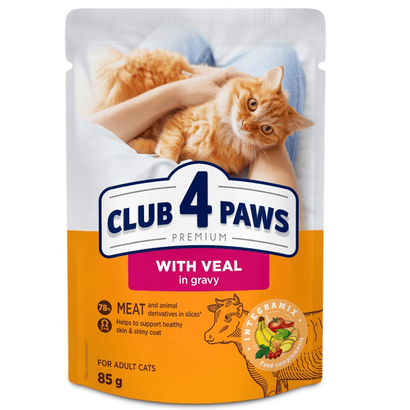 CLUB 4 PAWS Cat cu cu Vitel in Sos 85 g | Hrana Umeda Premium pentru Pisici Adulte