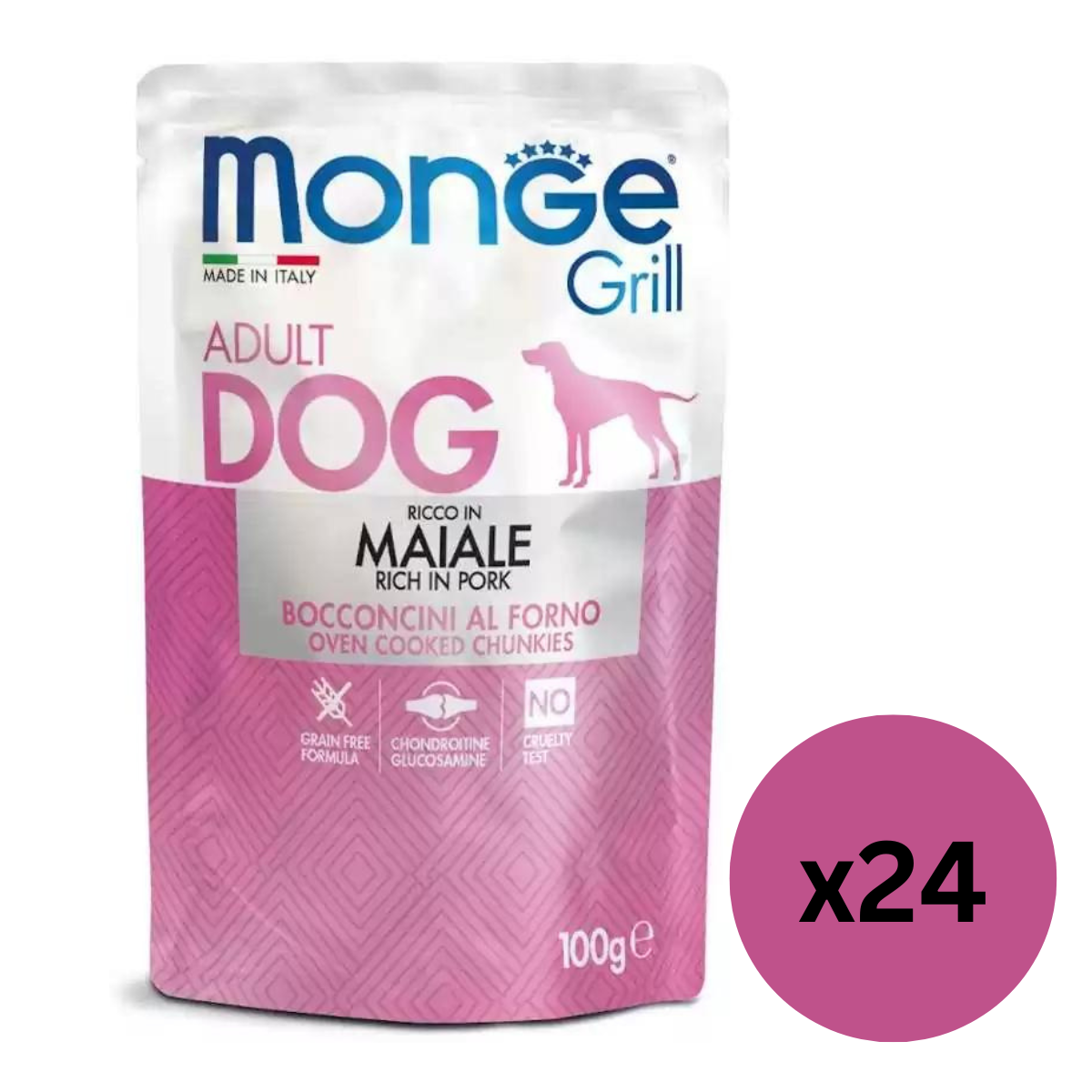 MONGE Dog Grill, cu Porc, Set Plicuri Hrana Umeda Fara Cereale Pentru Caini, 24x100g