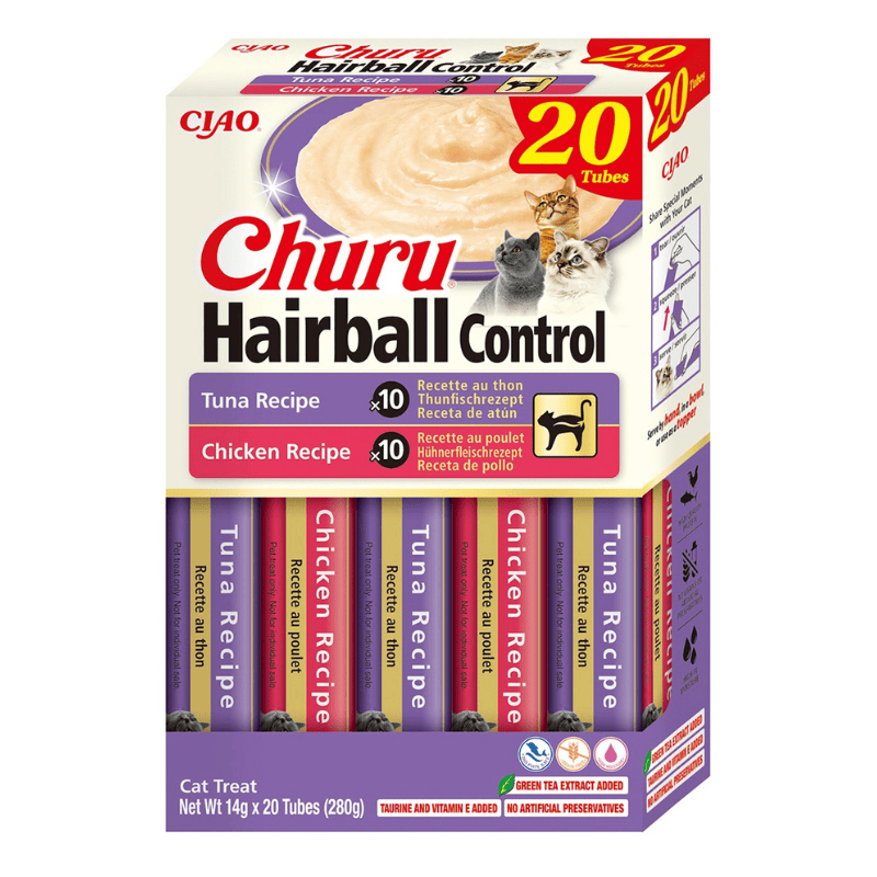 INABA Ciao Churu Hairball Control Variety Box 20x14 g | Recompensa Functionala Cremoasa pentru Pisici | cu Pui si Ton | Formula pentru Reducerea si Eliminarea Ghemelor de Blana