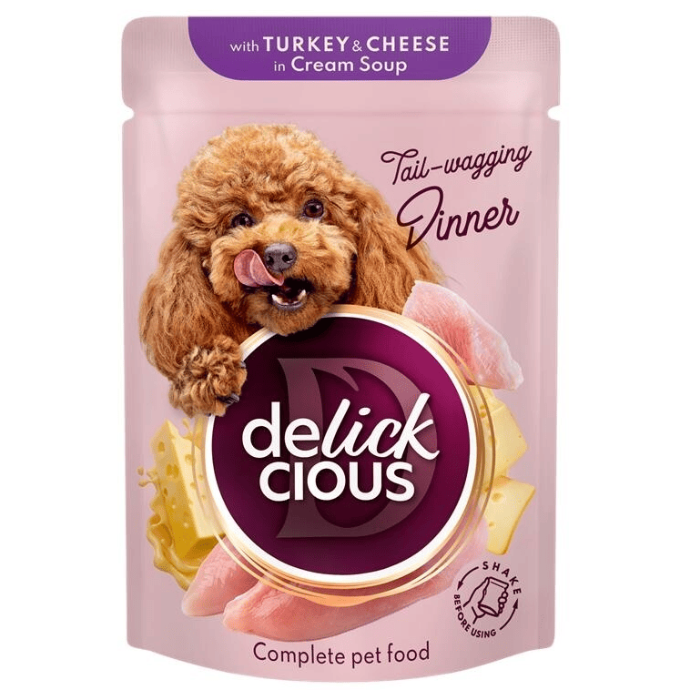 DELICKCIOUS Dog Fâsii de Curcan si Brânză în Supă Cremoasă 85 g | Hrană Umedă Completă pentru Câini Adulti