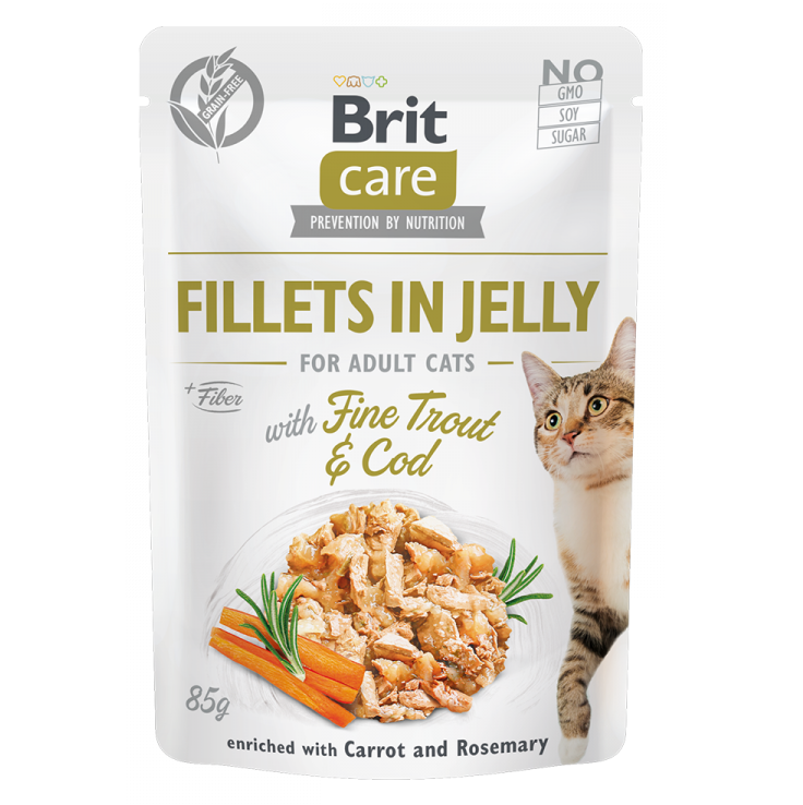 BRIT CARE Fillets in Jelly, cu Pastrav si Cod, Plic Hrana Umeda, Fara Cereale,  Pisici (file in sos) 85g