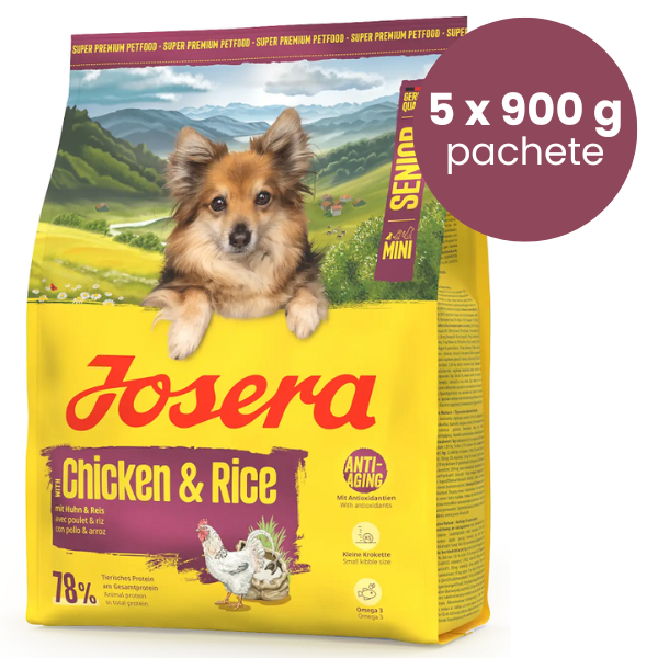 JOSERA Mini Senior Chicken & Rice 5x900 g | Hrana Uscata Premium pentru Caini Seniori de Talie Mica | Cu Pui si Orez | Crochete Mici, Suport Renal si Vitalitate