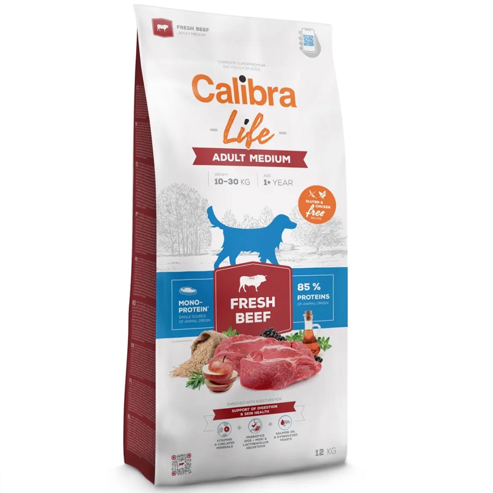 CALIBRA Dog Life Adult Medium – Hrană Uscată Monoproteică cu Vită Proaspătă, Fără Gluten și Pui, pentru Câini Adulți de Talie Medie (10–30kg), 12kg