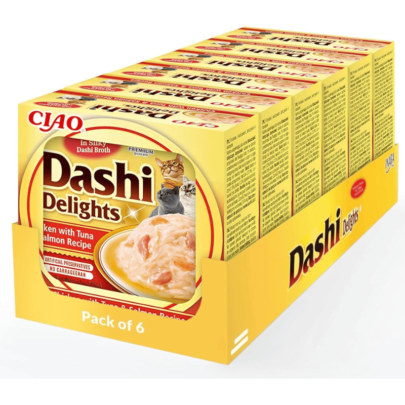 CIAO Dashi Delights Pui Ton si Somon Multipack 6x70 g | Hrana Umeda Complementara pentru Pisici | Bucatele de Carne in Supa Dashi, Delicioasa si Sanatoasa, Fara Cereale