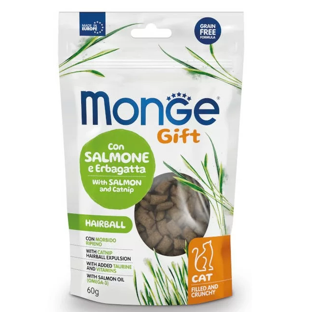 MONGE Gift Hairball Adult Cat, cu Somon si Catnip, Recompense Pisici, Prevenirea Formarii Ghemelor de Par, 60g