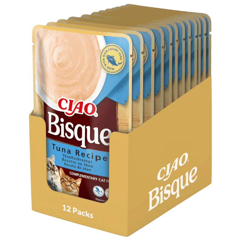 CIAO CHURU Bisque Cat Food Piure Fin de Ton Box 12x40 g | Hrana Complementara Umeda pentru Pisici | Delicioasa si Sanatoasa, Fara Cereale, Topping Palatabil