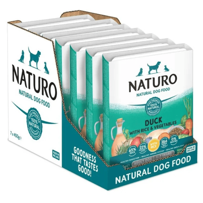 NATURO Adult Dog cu Rata, Orez si Legume Multipack 7x400 g | Hrana Umeda Completa 100% Naturala pentru Caini Adulti